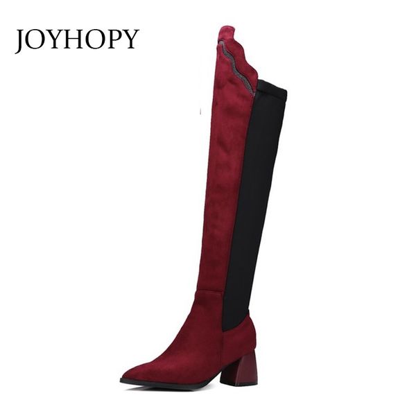 

winter 2018 women suede over the knee boots thick high heels stretch fabric pointed toe shoes ladies thigh high boots wb-1396, Black