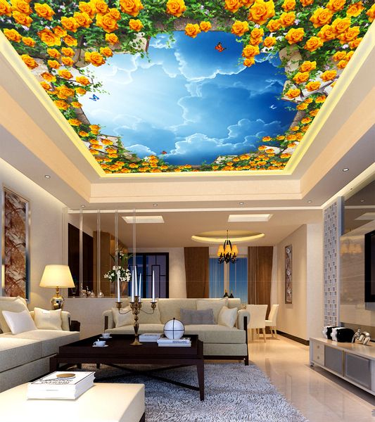 

custom retail 3d blue sky white clouds yellow delicate flowers fragrance zenith mural