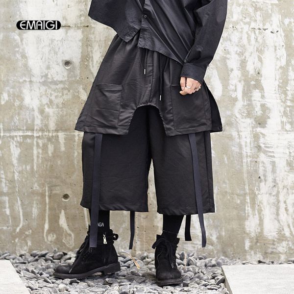 

men japan style streetwear kimono skirt pant male loose casual wide leg pants punk gothic hip hop ribbon harem trousers, Black