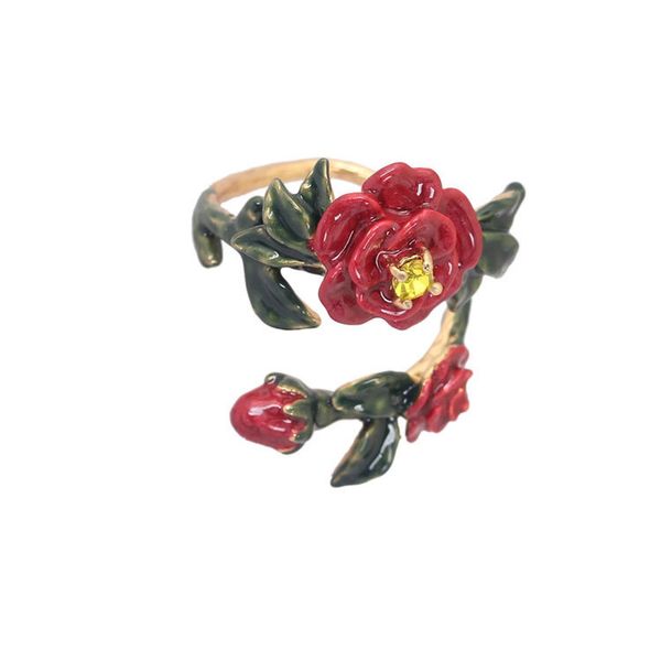 

european american fashion hand painted enamel glaze red flower inlay zircon stone open adjustable women finger ring cute trendy, Golden;silver