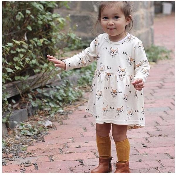 

girl fox with glass print long sleeve dress baby spring and autumn round neck dresses skirts kids cartoon clothes zht 106, Red;yellow