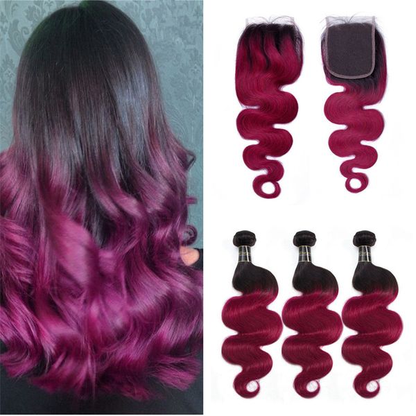 2020 Purple Red Body Wave Ombre Hair With Lace Closure 4x4 Middle
