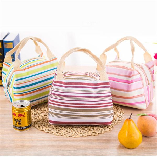 

totes bags canvas stripe picnic lunch drink thermal insulated cooler women bag 450ml portable carry bolsas lunch box 5 colors