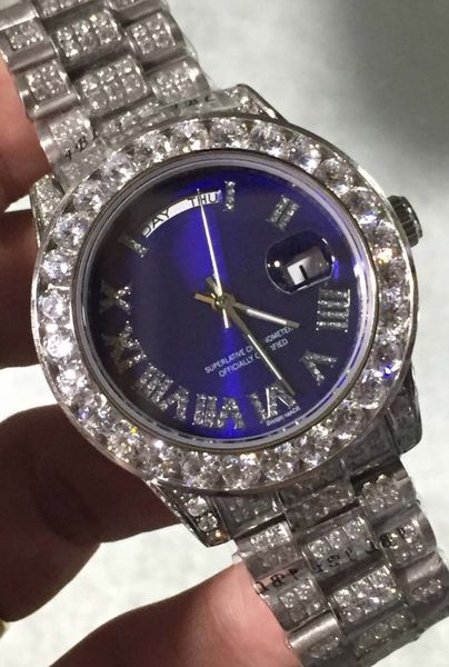 

latest watch blue 41mm day date diamond roman dial platinum full diamond bracelet 2836 2813 mechanical automatic mens watches, Slivery;brown