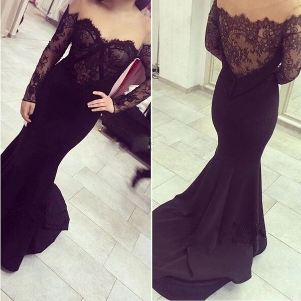 

black lace evening gowns with long sleeve mermaid style scoop see though back formal dress prom dresses long custom made, Black;red