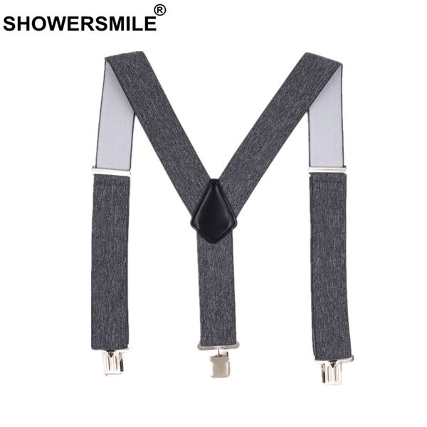 

showersmile male suspenders gray wide 5cm mens braces for trousers 4 clips elastic brand man pants accessory 120cm, Black;white