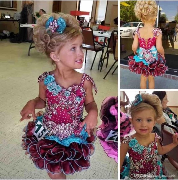 

2019 cute cupcake girl' pageant dresses beaded hand-made flowers lace-up short christmas flower girls ball gowns, White;red