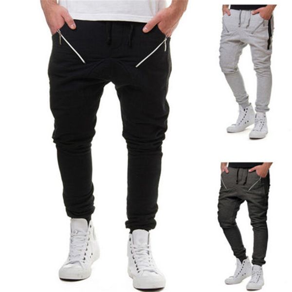 

men zipper joint jogger sportwear baggy casual harem pants slacks dance trousers sweatpants, Black