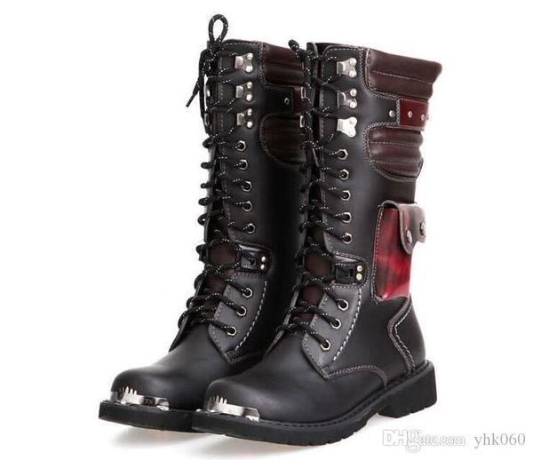 

leather military boots for men combat punk rock mans knee high motorcycle boots leather army male tooling punk rock boots, Black