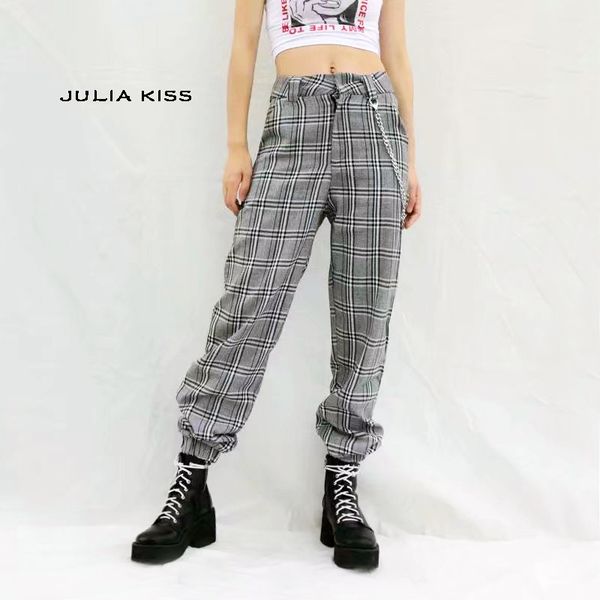 

women chain detail tapered leg pants plaid pants, Black;white