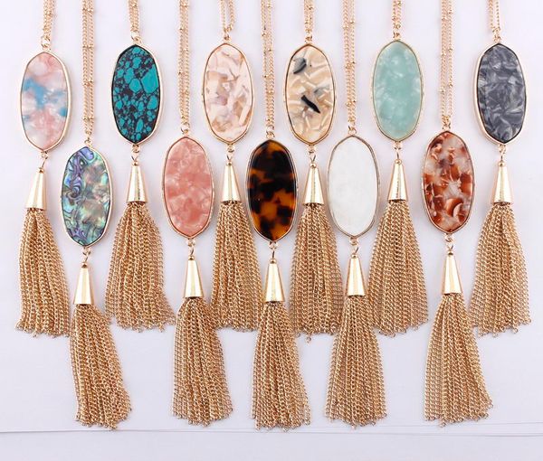 

2018 christmas gifts 11 colors option leopard resin tortoise natural turquoise abalone oval shaped with tassel pendant long necklace, Silver