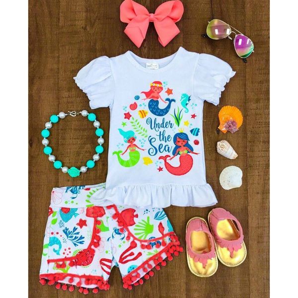 

new baby girls sets summer fashion cartoon mermaid printed short sleeve t shirt + tassel short pants 2 pcs set kids cute princess casual clo, White