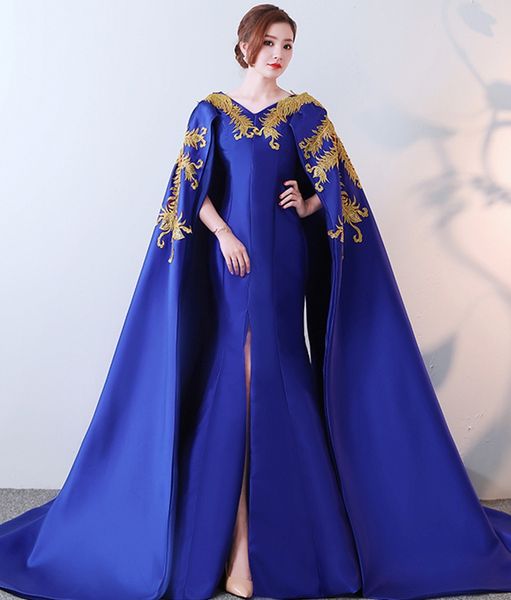 

vestidos de noiva 2019 royal blue v-neck gold embroidery long evening dresses with warp mermaid satin formal party dress prom dress customed, Black;red
