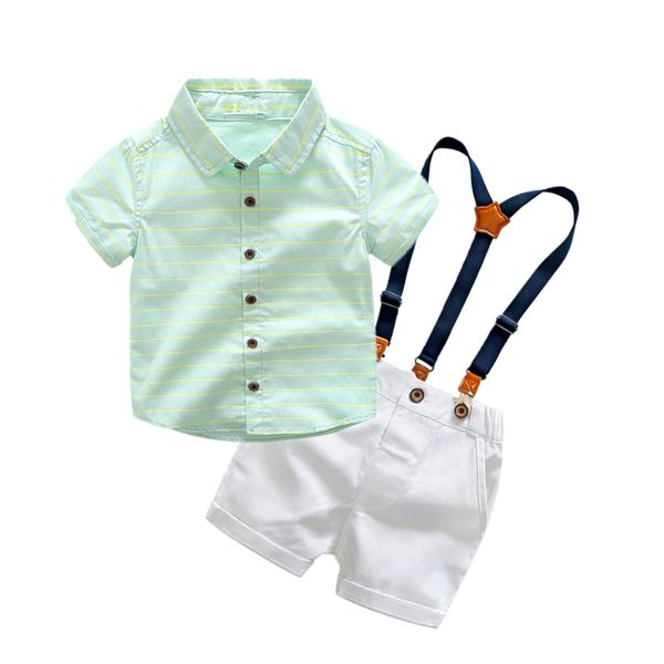 

kids clothes wedding and party clothing set short sleeve striped shirt with overalls shorts boys clothes, White