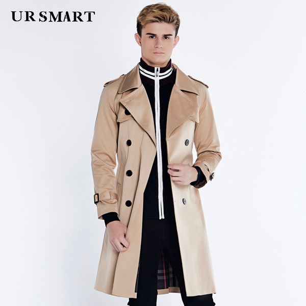 

ursmart long beige men in large trench coat lapels bi double-breasted coat dust british fashion men's windbreaker, Tan;black
