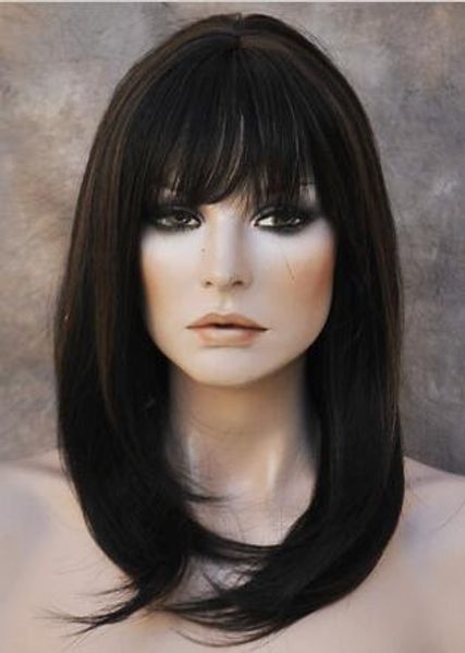 

heat safe human hair blend long straight off black mix wig wbmn 1b-30, Black;brown