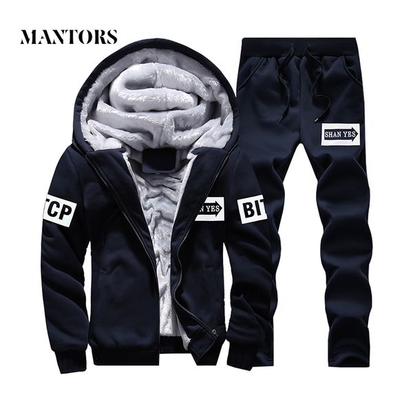 

men's casual sets winter warm hooded tracksuit men fleece thick jackets + pants two piece sets male sweatshirts sporting suits, Gray