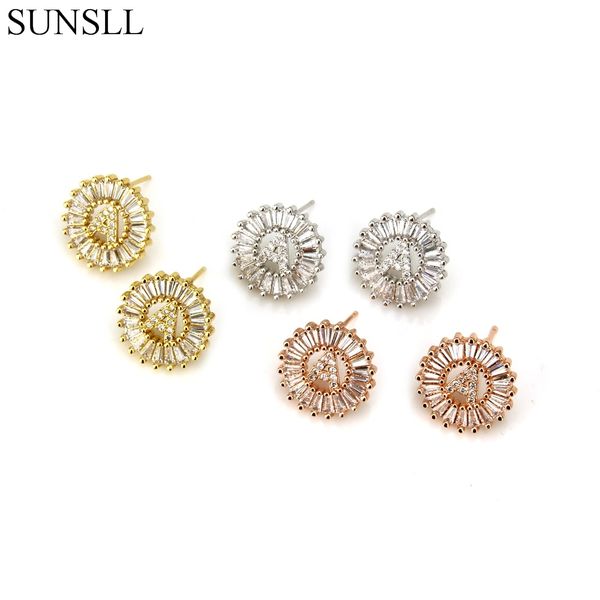 

sunsll three color copper clear cubic zirconia a-z 26 letter round stud earrings women's party fashion jewelry cobre cz brincos, Golden;silver