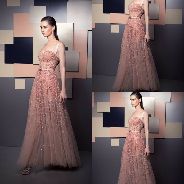 

2019 ziad nakad pink prom dresses spaghetti lace 3d floral appliques beads ankle length evening dress illusion bodice formal party gowns, Black;red