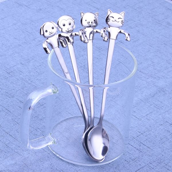 

4pcs/set cute animal shape spoon stainless steel cartoon cat long handled coffee spoon for ice cream dessert