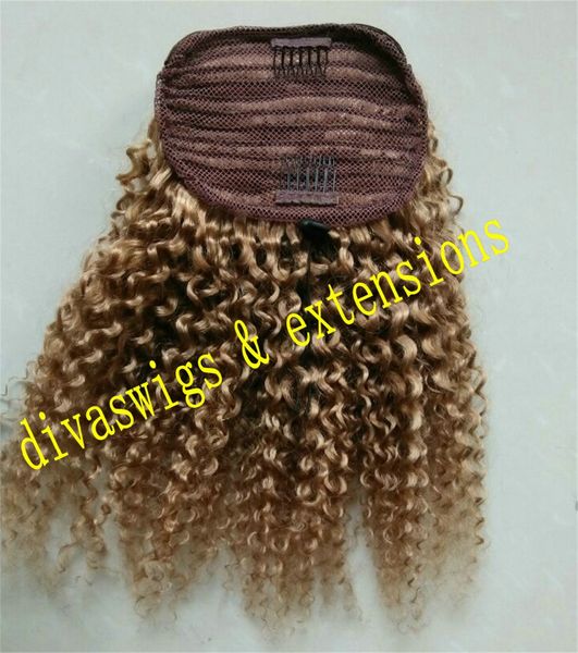 

honey blonde kinki ponytail hair extension african american , virgin human hair ponytails blond kinky curly hairpiece drawstring 140g, Black