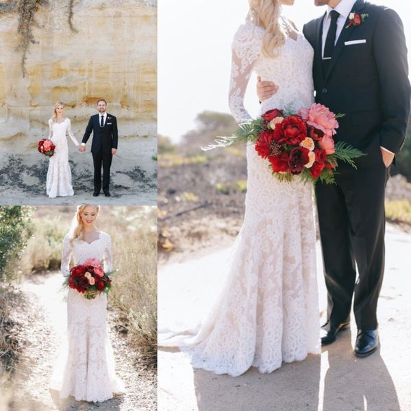 

скромный новый дизайн 2019 русалка свадебные платья с длинным рукавом полный кружева свадебные платья v шеи труба халаты де soirée, White