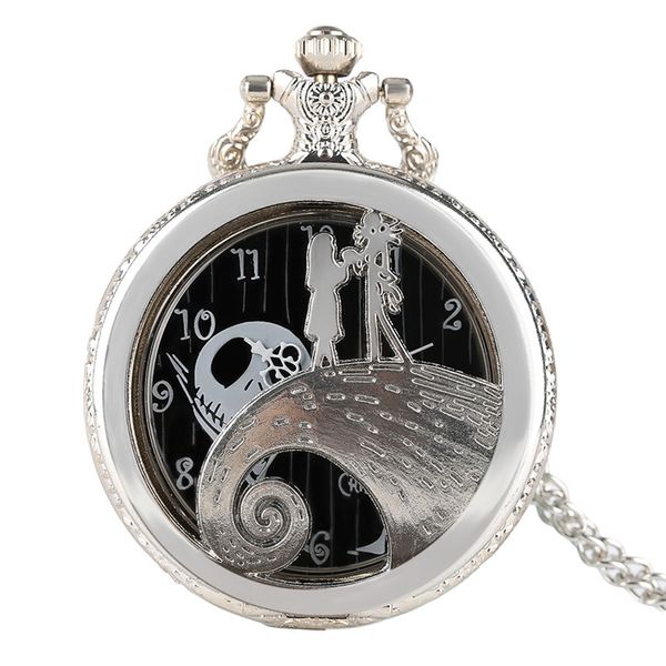 

yisuya silver tim burton quartz pocket watch the nightmare before christmas necklace chain pendant steampunk men women kids gift, Slivery;golden