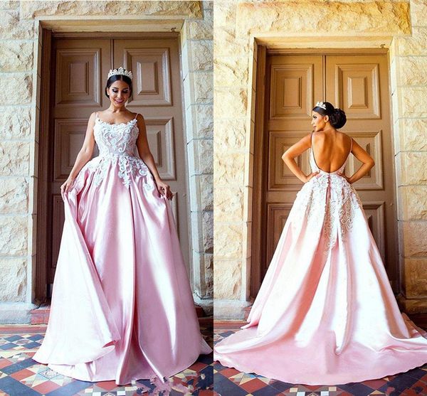 

2018 spaghetti pink evening dresses with white lace applique sleeveless a-line prom gowns backless sweep train custom made vestidos de noiva, Black