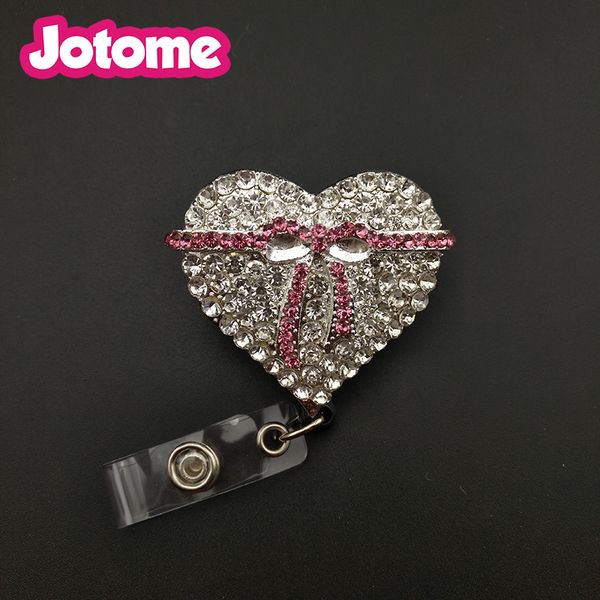 100pcs/ lot clear Heart Pink Ribbon Rhinestone Nurse Medical Reel Ratge Reel/ Id Id Badge Holder