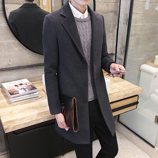 

2018 new mens fashion solid color boutique casual long woolen coats / high-end casual business male woolen windbreaker jackets, Black