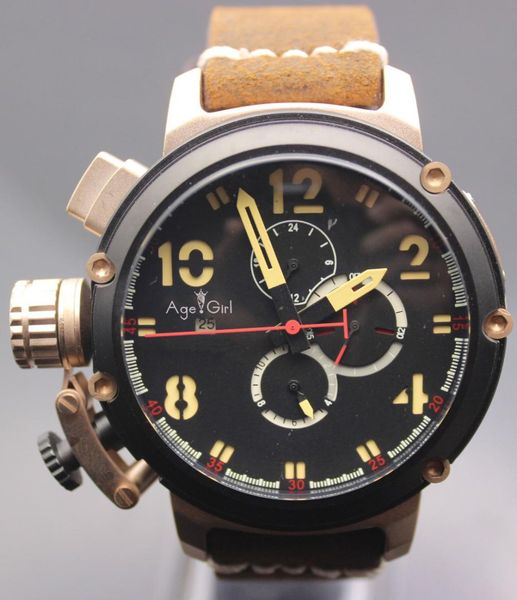 

brand new automatic mechanical men's u chronometer u1001 watch u-51 chimera silver aged brown cow leather boat watch black gold, Slivery;brown