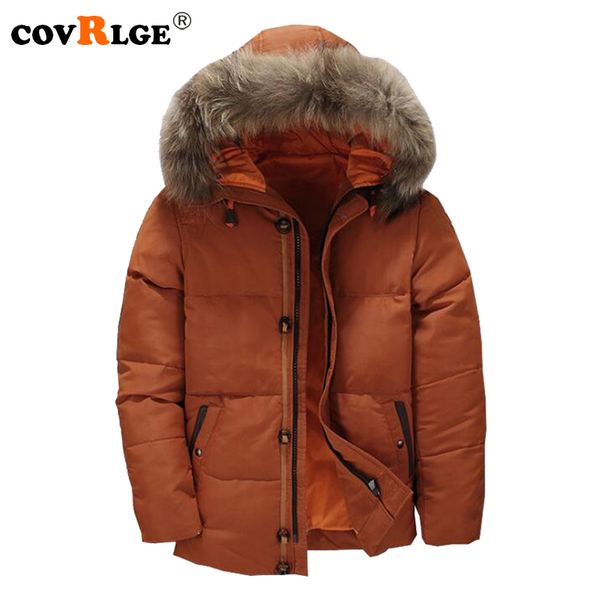 

covrlge 2018 men's winter fur collar down jacket men thicken warm long sleeve coats fashion solid brand jackets overcoats mwy009, Black