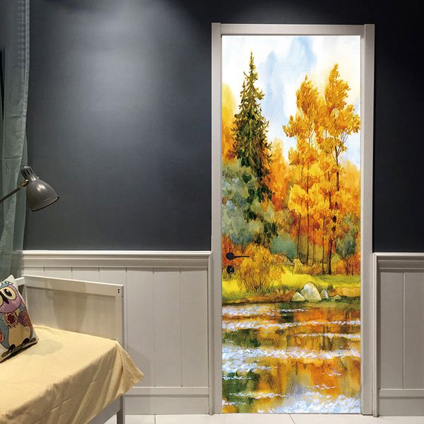 3d View Art Doors Sticker Tree Water Scenery Oil Painting Door