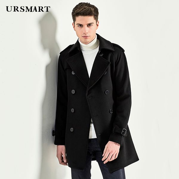 

ursmart authentic new men's coat in the long wool woollen coat men's black belt waist fashion