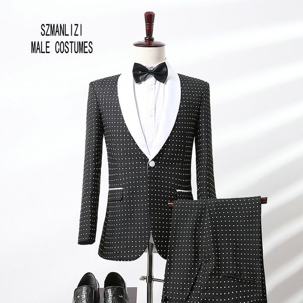 2018 elegante marca de moda projeta preto pontos homens ternos branco xale lapela formal do casamento dress noivo smoking smoking padrinhos homens ternos de casamento