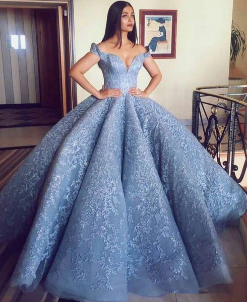 

michael cinco 2018 кружева вышивка знаменитости красный ковер платья небесно-голубой с плеча пышные юбки бальное платье пром платье дубай ар, Black