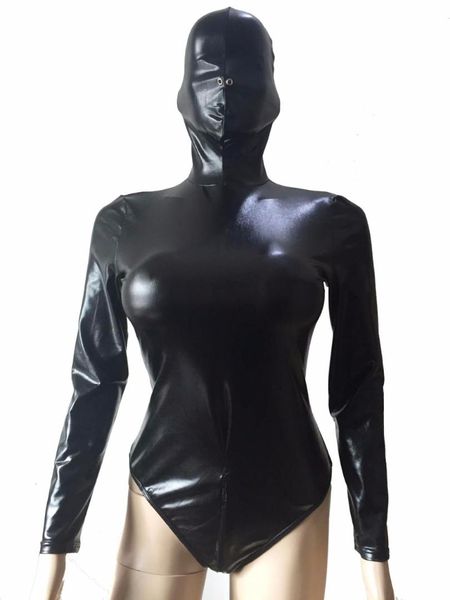 

female wet look metallic gothic role play liquid catsuit zentai leotard bodysuit with hood queening costume club fetish wear, Black