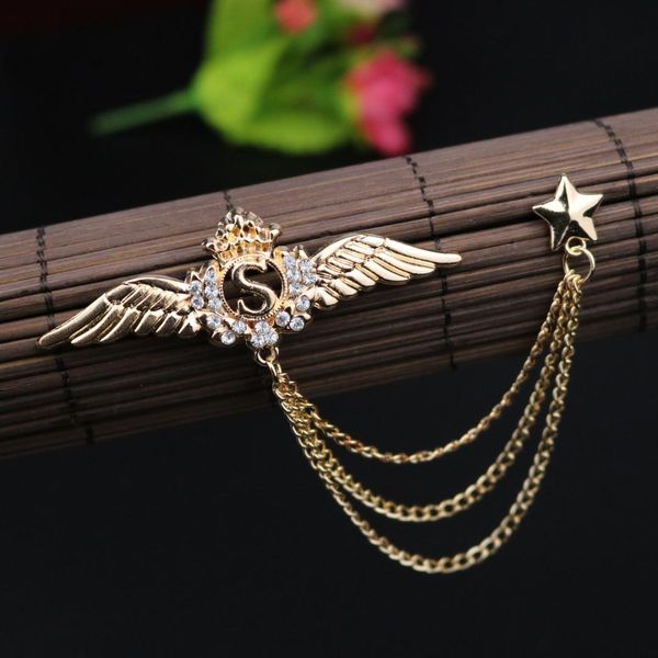 

i-remiel retro jewelry angel wing crystal tassel brooch collar pins and brooches men's suit shirt decoration badges accessories, Gray