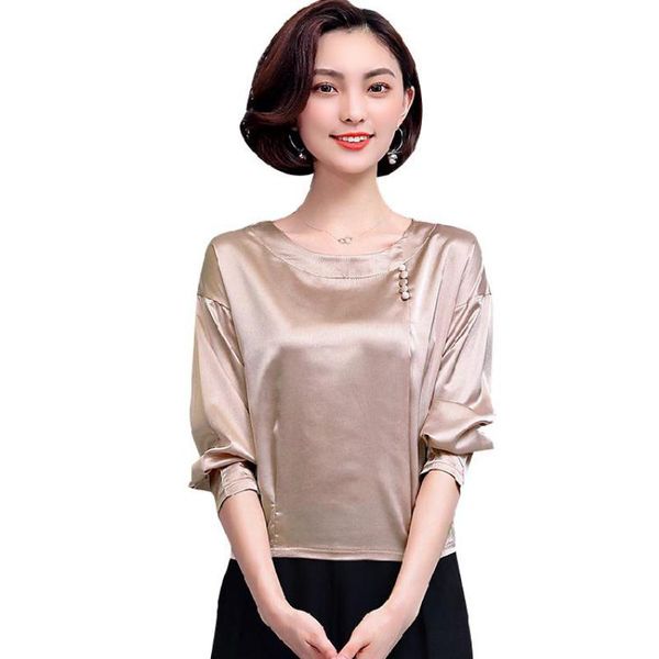 

simulation silk shirt female 2018 autumn new fashion slim long-sleeved plus size blouse wild thin button pleated round neck, White