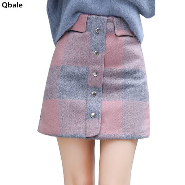 

qbale tweed skirt women 2018 spring autumn korean fashion high waist short skirt single buttons tweed plaid skirts saia feminina, Black