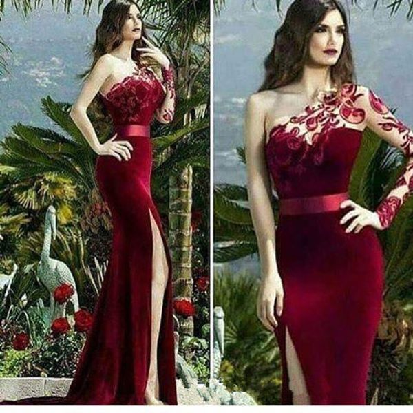 

burgundy velvet mermaid evening dresses one shoulder long sleeve prom dress high split formal evening party gowns, Black;red