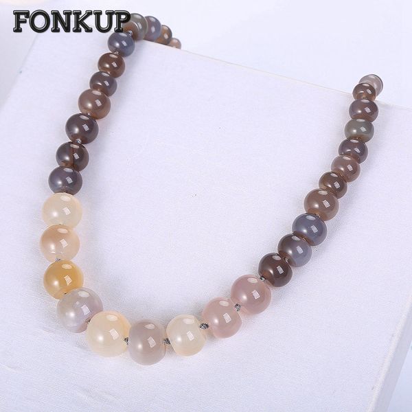 

fonkup punk women necklace gray agate beads chains ornament natural stone jewelry round party sautoir ladies halsketting vrouwen, Silver