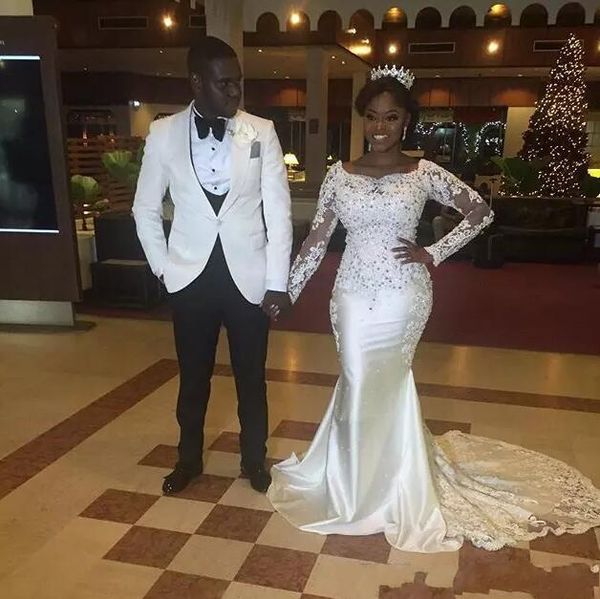 

Vintage Mermaid Wedding Dresses With Lace Appliques Scoop Sequins African Plus Size Wedding Dress Back Zipper Satin Bridal Dress