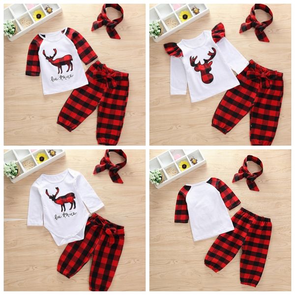 Conjuntos de Roupas de bebê Menina Xadrez Baby Boy Tops Calças Headband 3 PCS Suits Algodão Deer Crianças Roupas de Natal Crianças Roupas 3 Projetos YW484