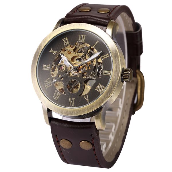

shenhua 9269a retro bronze case skeleton steampunk dial auto mechanical montre men watches relogios, Slivery;brown