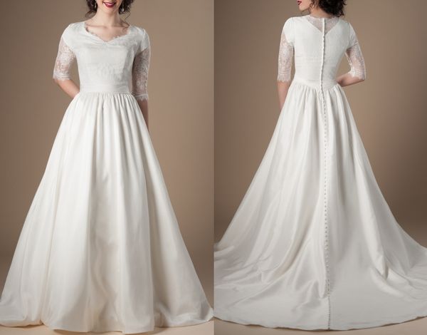Vintage-Spitze, lange, bescheidene Brautkleider mit transparenten Halbärmeln, Spitzenoberteil, Satinrock, LDS-Tempel-Brautkleider mit Taschen, nach Maß
