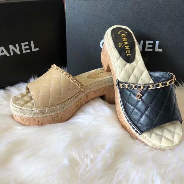 

Top Quality Luxury Letter Chain Plaid high-heel Shoes slippers Lambskin leather Fashion Woman Espadrilles Thick heel sandals 35-41 With Box