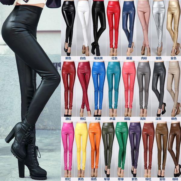 

new design fashion women's plus velvet warm bodycon tunic high waist pu leather candy color pencil pants long trousers smlxlxxl, Black;white
