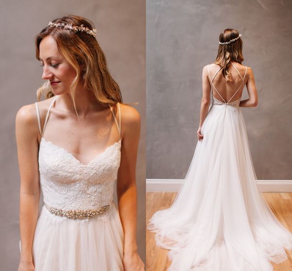 

2019 bohemian beach lace wedding dresses with sashes spaghetti straps sweep train wedding dress bridal gowns vestido de novia, White