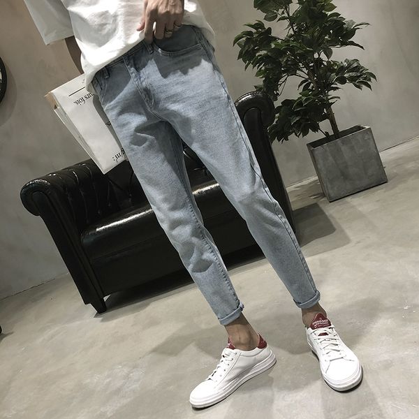 

2018 spring autumn korean style youth popular slim fit casual jeans male teenagers comfortable sky blue ninth pants men 27-34